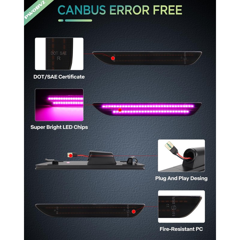 Pink Purple LED Side Marker Lights for Ford Mustang 2015-2023