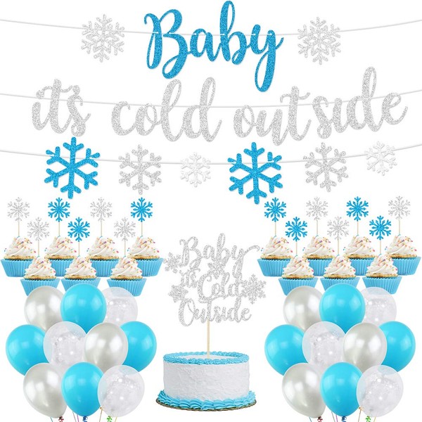Baby It’s Cold Outside Party Decorations, Banner, Snowflake Balloons, Garland for Winter Wonderland Baby Shower, Christmas, Winter Birthday Party Supplies, Blue