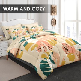 Pamnest Comforter Set Full Size, Monstera Palm Leaf Botanical 7 Pcs Bedding for Kids and Adults, Spring Summer Green Bed Sheet Sets with Fitted Sheet 2 Pillowcase & 2 Sham for Bedroom Bed Decor