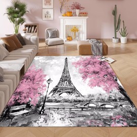 kxry 3 * 5 Feet Pink and White Paris Eiffel Tower Soft Area Rugs for Kids Girls Women Couple Lover Flower Floor Carpet for Living Room Bedroom Dorms Nursery Rooms Home Decor Aesthetic