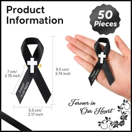 50 Pcs Memorial Funeral Ribbon with Cross Pins Respect Ribbon Bow Forever in Our Heart for Funeral Party Armband Mourning Event Remembrance Supplies(Black)