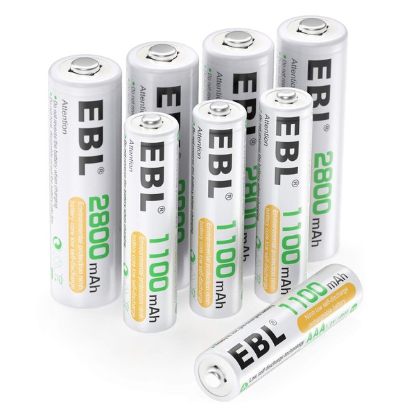 EBL AA Rechargeable Batteries 2800mAh (4 Pack) and AAA Rechargeable Batteries 1100mAh (4 Pack), 1.2V Ni-Mh Batteries Combo