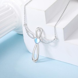 Plesitep Angel Wings Cross Moonstone Necklace 925 Sterling Silver Angel Wings Cross Pendant Necklace Moonstone Jewelry for Women Mom Sister