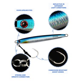 BLUEWING Speed Vertical Jigging Lure, Offshore Vertical Jig Deep Sea Jigging Lures, Saltwater Jigs Fishing Lures for Tuna Salmon Snapper Kingfish, Blue/Gold,120g