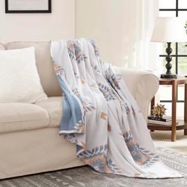 Chezmoi Collection 100% Cotton Twin Size Throw Blanket for Bed Sofa Couch, Boho Geometric Jacquard Woven Lightweight 4-Layer Reversible Cotton Thin Blanket, Multi-Color Natural Orange Blue 68x88