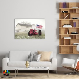 Barn Canvas Wall Art, Farmhouse and Red Tractor Pictures Wall Art for Bedroom, Vintage American Flag Paintings Print Wall Decor, Classic Country Rustic for Living Room Decoration 18x24 inches