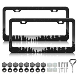 Night Forest License Plate Frames - 2 Pack Moon Tree Landscape License Plate Holder,Stainless Steel Rust-Proof Waterproof Car Decorative Tag Frame with Screws Fasteners Caps