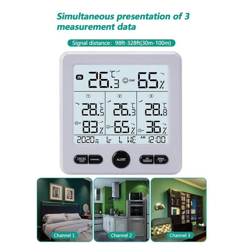 Indoor Outdoor Digital Thermometer Hygrometer with 3 Wireless Sensors, Temperature