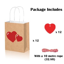 Qpout 12 Pack Heart Bags, Valentines Day Gift Bags With Red Heart Tags, Valentines Goodie Bags With Handles, Valentines Day Paper Treat Bags, Wedding Baby Shower Valentine Party Favor Bags
