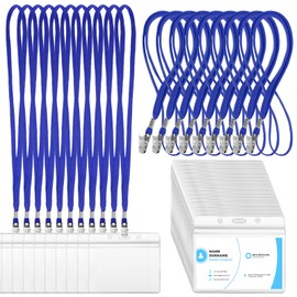Marspark 100 Sets Clear Name Tags with Lanyard, Lanyards for ID Badges Reusable Strap with ID Holder Plastic Name Badges for Adults Business School Church Conference (Blue)