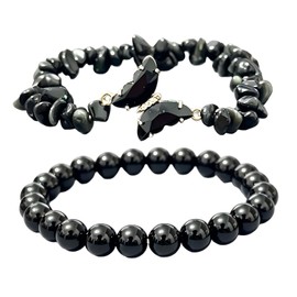 LittleFathand 2Pcs Natural Black Obsidian Healing Bracelet Set Butterfly Charm Round Beaded Crystal Stretch Bracelets Protection Black Stone Jewelry for Women