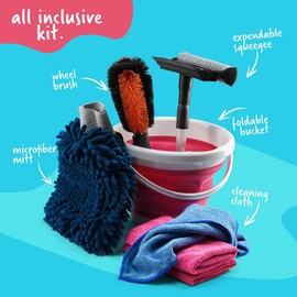 Kids Car Wash Activity Kit – 7 Kid-Sized Carwash Accessories Gifts for Boys & Girls Ages 5 6 7 8-10 - Outdoor Fun Toys – Set Includes Bucket, Squeegee, Microfiber Mitt, Wheel Brush, 3 Cleaning Cloths