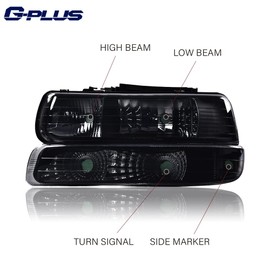 G-PLUS Headlights Assembly, Compatible with 1999-2002 Chevy Silverado/ 2000-2006 Suburban Tahoe bumper Headlamp, Smoky lens Black Housing Clear Reflector