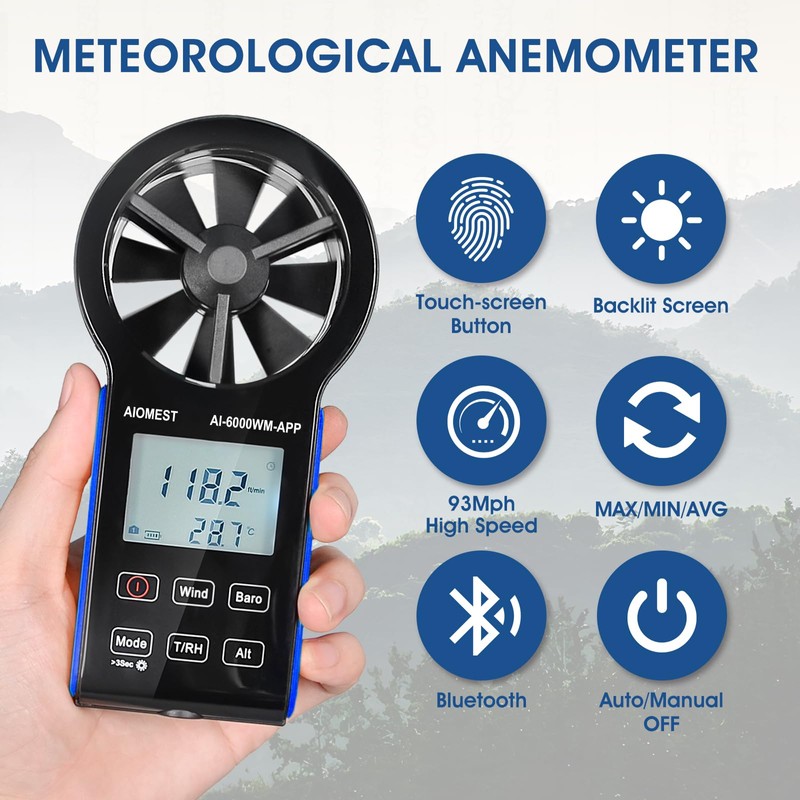 AIOMEST Anemometer Bluetooth, Handheld Wind Speed Gauge Meter w/Atmospheric Pressure,