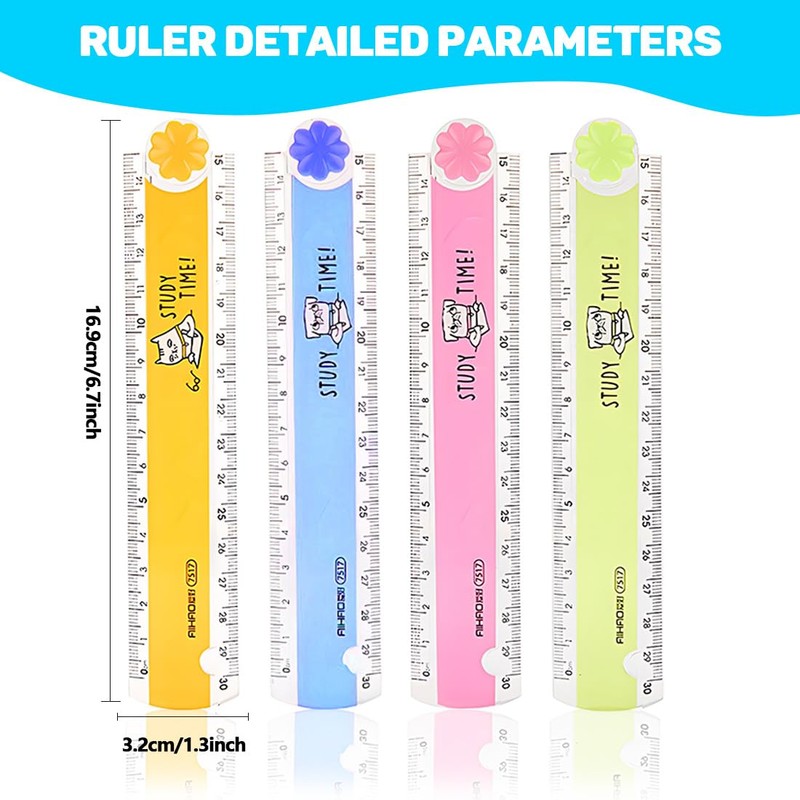 Pack of 4 Rulers 30 cm Primary School, Multifunctional Folding