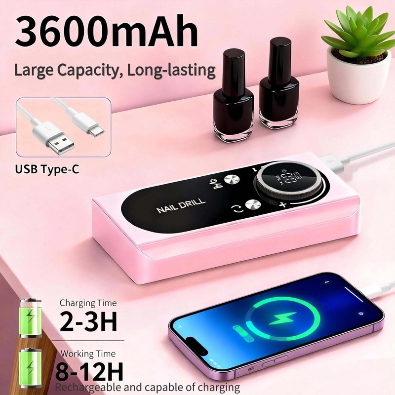 Electric Nail Drill Professional: 45000RPM Rechargeable Nail File with Bits