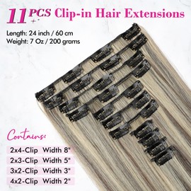 REECHO Hair Extensions, 11PCS Clip in Hair Extensions 24" Long Straight hair extensions HE005 Natural Soft Synthetic Hairpieces for Women – Ash Brown with Platinum Blonde Highlights