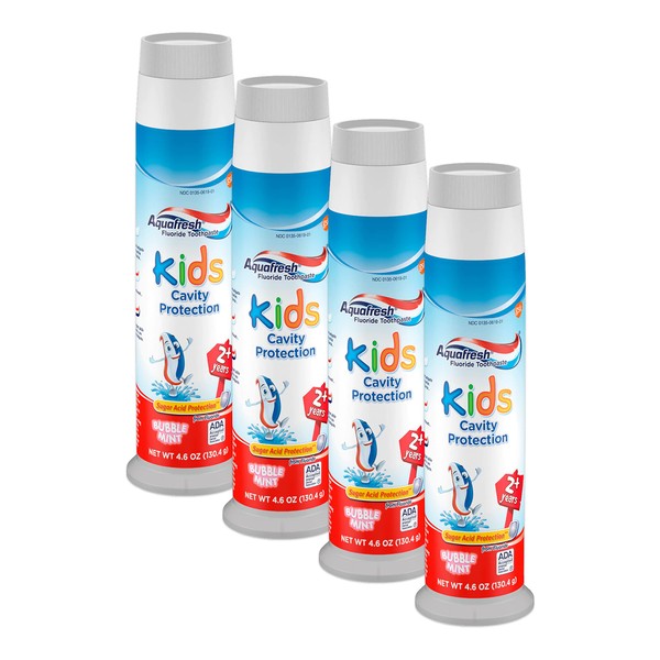 Aquafresh Kids Fluoride Toothpaste Bubble Mint Pump - 4.6 oz, Pack of 4