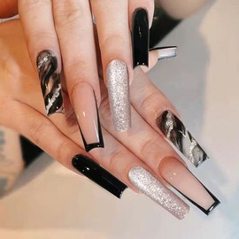 JUSTOTRY 24 pcs Marble Pattern Coffin Press on Nails Long,Black French False Nails,Silvery Glitter Ballerina Stick on Nails for Women, Acrylic Coffin Medium False Nails with Glue for Nail Art