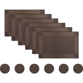 BECHEN Brown Placemats with Coasters Set of 6, Vinyl Heat-Resistant Table Mats Washable Plastic Kitchen Placemats for Dining Table Indoor Outdoor (45x30cm)