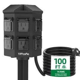 Outdoor Power Strip Weatherproof, 100 FT Extension Cord with Power Stake, 6 Grounded Outlets for Outdoor Lights, 15A/1875W, ETL Listed
