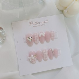 Lovely Hound Check Ribbon Handmade Nail Tips - Mediaval / 러블리 하운드체크 리본 수제네일팁 - 미디오발