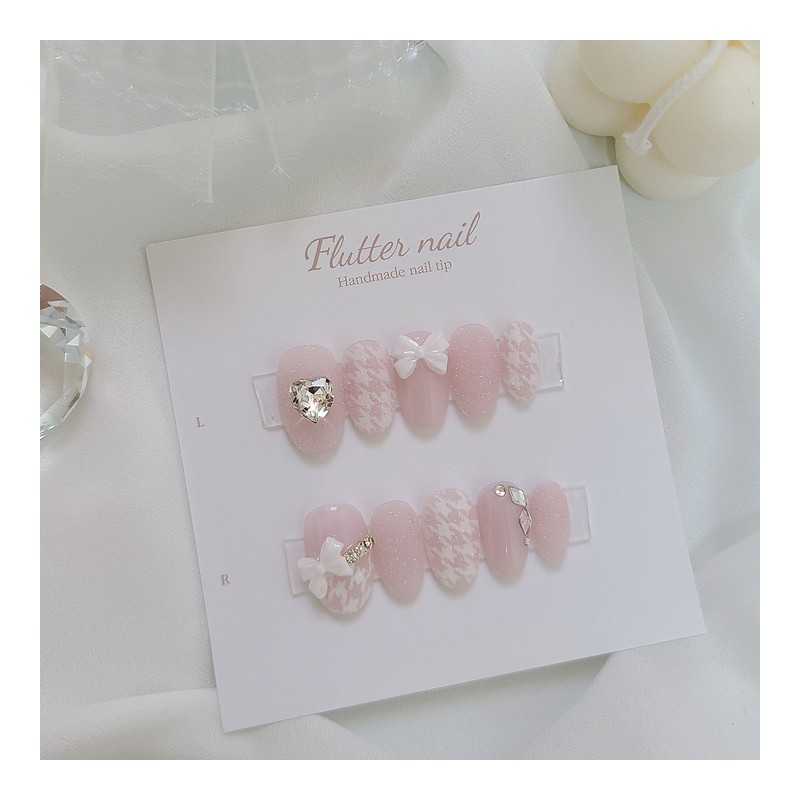 Lovely Hound Check Ribbon Handmade Nail Tips - Mediaval /