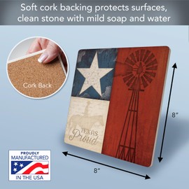 Thirstystone Texas Proud Decorative Heat Tolerant Stone Trivet with Non-Skid Cork Backing 8” Square Artistic, Durable, Easily Wipes Clean
