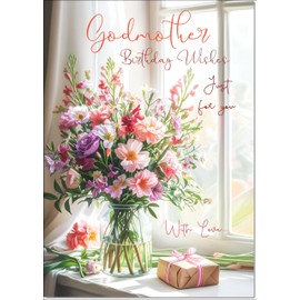 doodlecards Godmother Birthday Card Flower Bouquet and present Medium Size with Plain Envelope