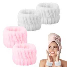Abeillo Pack of 4 Wrist Spa Wash Band Microfibre Face Wash Bracelets Coral Absorbent Bracelet for Washing Face and Shower (Pink and White)