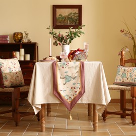 patdrea Designer Idyll Linen Table Runner, Vintage Beige Farmhouse with Ancient Spring Figure and Fruit Trees Pattern Table Mat, Decoration for Kitchen Dining Banquet Christmas ,12"*87"