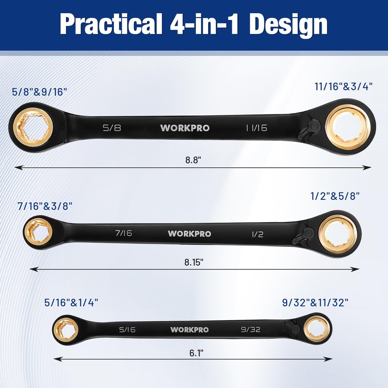 WORKPRO 4-in-1 Reversible Ratcheting Wrench Set, Anti Slip SAE Wrench