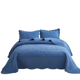MarCielo 3-Piece 100% Cotton Oversized Bedspread Set Coverlet Set Lightweight Quilt Set Embroidery Farmhouse Bedding Set T0 (Midtone Blue, Queen (100"x106"))