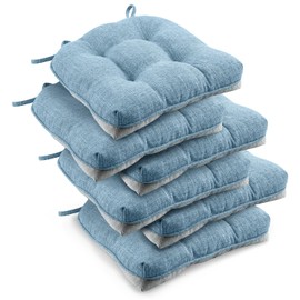 downluxe Indoor Chair Cushions for Dining Chairs, Tufted Overstuffed Textured Kitchen Chair Pads with Ties and Non-Slip Backing, 15.5" x 15.5" x 4", Light Blue, 6 Pack