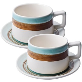 Set of 2 Cappuccino Cups with Saucer, 250 ml Ceramic Coffee Cups, Espresso Cups Made of Stoneware, Thick-Walled Coffee Cups for Tea, Coffee, Cappuccino and Latte, Dark Green