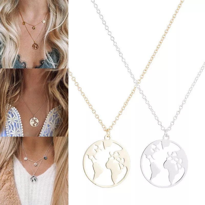 Deluxe Collar Dije Mapa Mundi Dorado Plata Y Oro Rosa