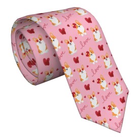 WILL BUDXEG Valentine'S Day Red Heart Cute Dog Corgi Mens Novelty Necktie Ties Funny Neckties Fashion Neck Ties