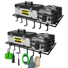 Colinktool Garage Wall Shelving, 2X4ft Garage Storage Rack,Heavy Duty Wall Mounted Storage Shelf with 8 Hooks-Each Loads 260lbs Metal Wall Shelf,Black,2Pack