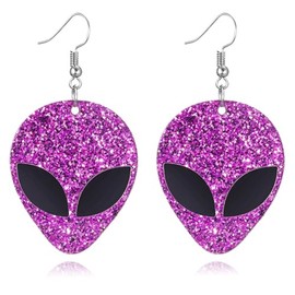 MALOYANVE UFO Aliens Earrings for Women Weird Flying Spaceship Acrylic Lightweight Statemment Dangle Drop Earrings Glitter Universe Life Animals Birthday Party Jewelry Gifts (Alien Rose Gold)