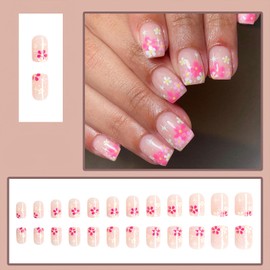 ROFIBUT Flower Press on Nails Short Square Fake Nails Cute Pink White Floral Glue on Nails Glossy Spring Summer False Nails with Small Daisy Star Design Reusable French Acrylic Nails for Women 24Pcs