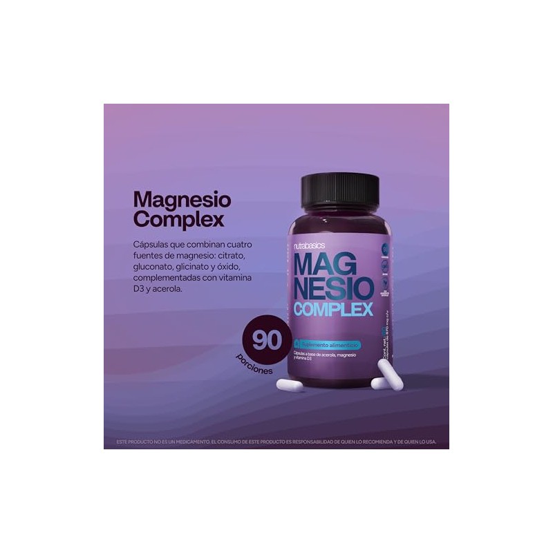 Magnesio Complex 4 Fuentes, Glicinato de Magnesio, 90 Cápsulas Nutrabasics