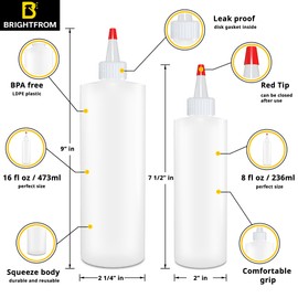 BRIGHTFROM Squeeze Bottles, Condiment 16 & 8 oz SET, BPA Free Empty Plastic Containers with Red Cap, Great for Syrup, Ketchup, Mustard, Sauces, Dressing, Oil, Arts and Crafts, Leak Proof