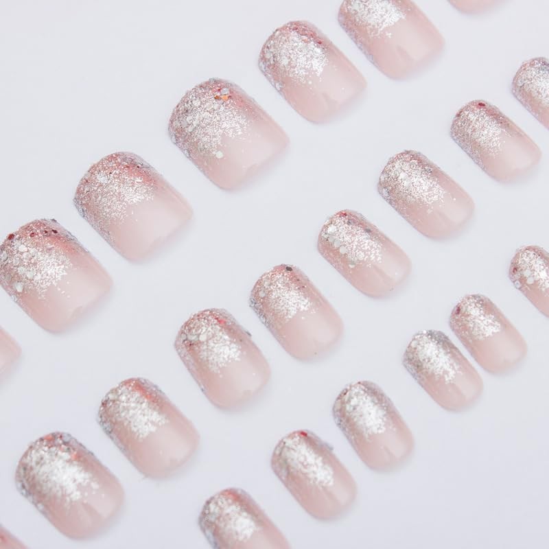 JUSTOTRY Pack of 24 Silver Glitter Nails for Sticking, Short,