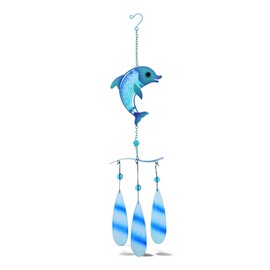 CoTa Global Blue Dolphin Hanging Sea Glass Wind Chime 27.36 Inch, Nautical Glass Windchime Outdoor Decor for a Harmonic Porch, Patio & Garden, Unique Beach Art Indoor Wind Chime Window Mobile