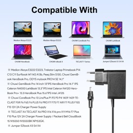 KFD Power Supply 12 V 2 A Charger Cable for Peaq Notebook Slim S130, Chuwi Herobook Pro 14.1 Ubook Laptop, Jumper Ezbook X3 S5, Trekstor Primebook C13 Power Cable, LincPlus P1, Medion E2292 E3222