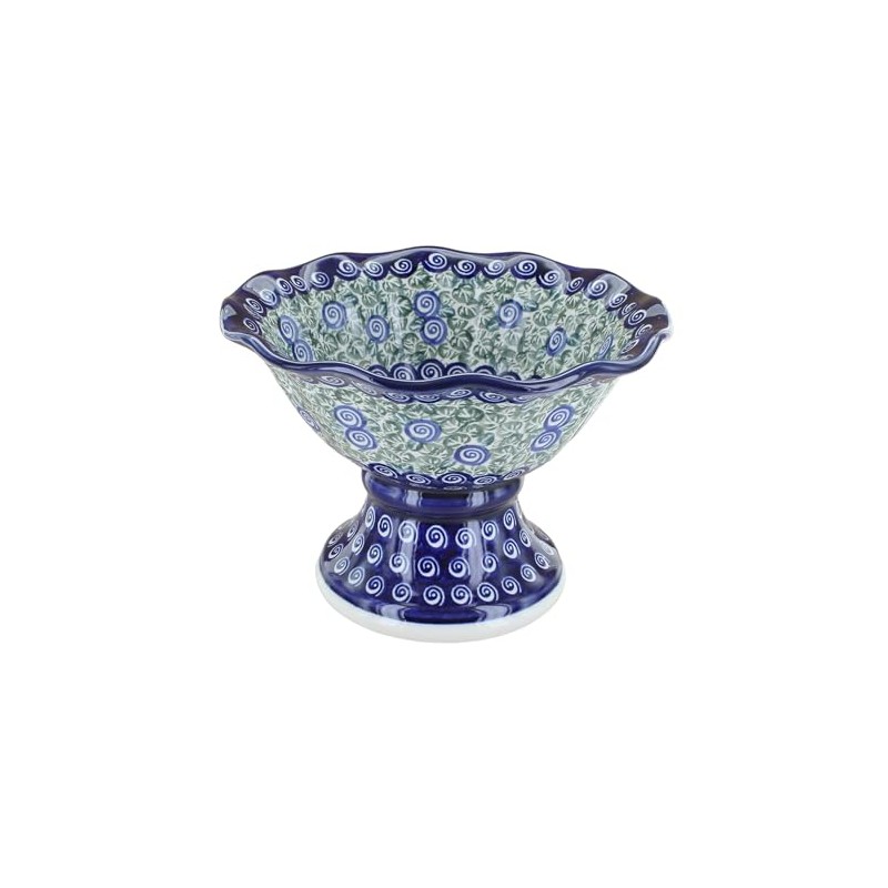 Blue Rose Polish Pottery Seaside Swirl Small Pedestal Fruit Bowl