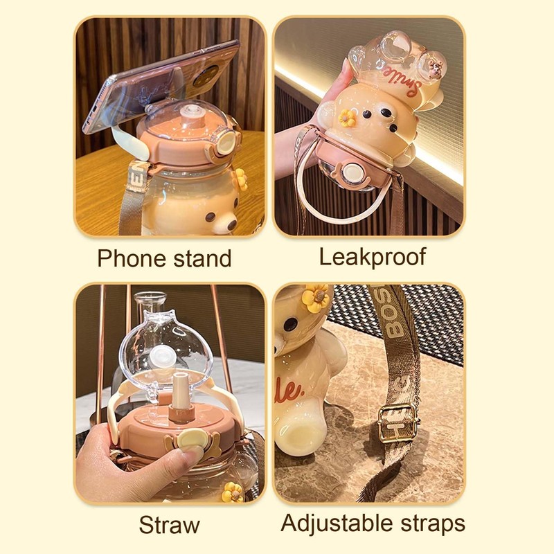 Bear Water Bottle with Straw Kawaii Cute Adjustable and Removable