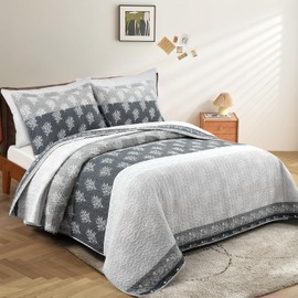 UYOF Quilt Set King Size - King Quilts Bedding Set, 100% Cotton Reversible Luxury Comforter Set, Farmhouse Floral Boho Striped Patchwork Summer Bedspreads Set with Shams for All Season, Grey
