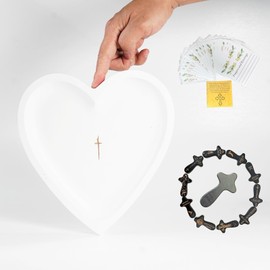 Prayer Bowl Set with Cards, Heart Prayer Bowl Wooden with Cross, Christian Gifts for Women Men, Heart Shaped Wood Decor Bowl, Birthday, Retirement, Religious, Easter Gift for Mom Dad (White)