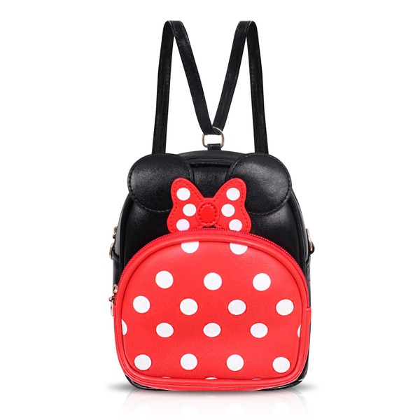 Finex Minnie Mouse Backpack Small 2-in-1 Crossbody bag Mini Backpack - Multifunction Makeup Travel Mini Handbag with Long Shoulder Adjustable Strap PU Leather for Women Girls (Red/Black)